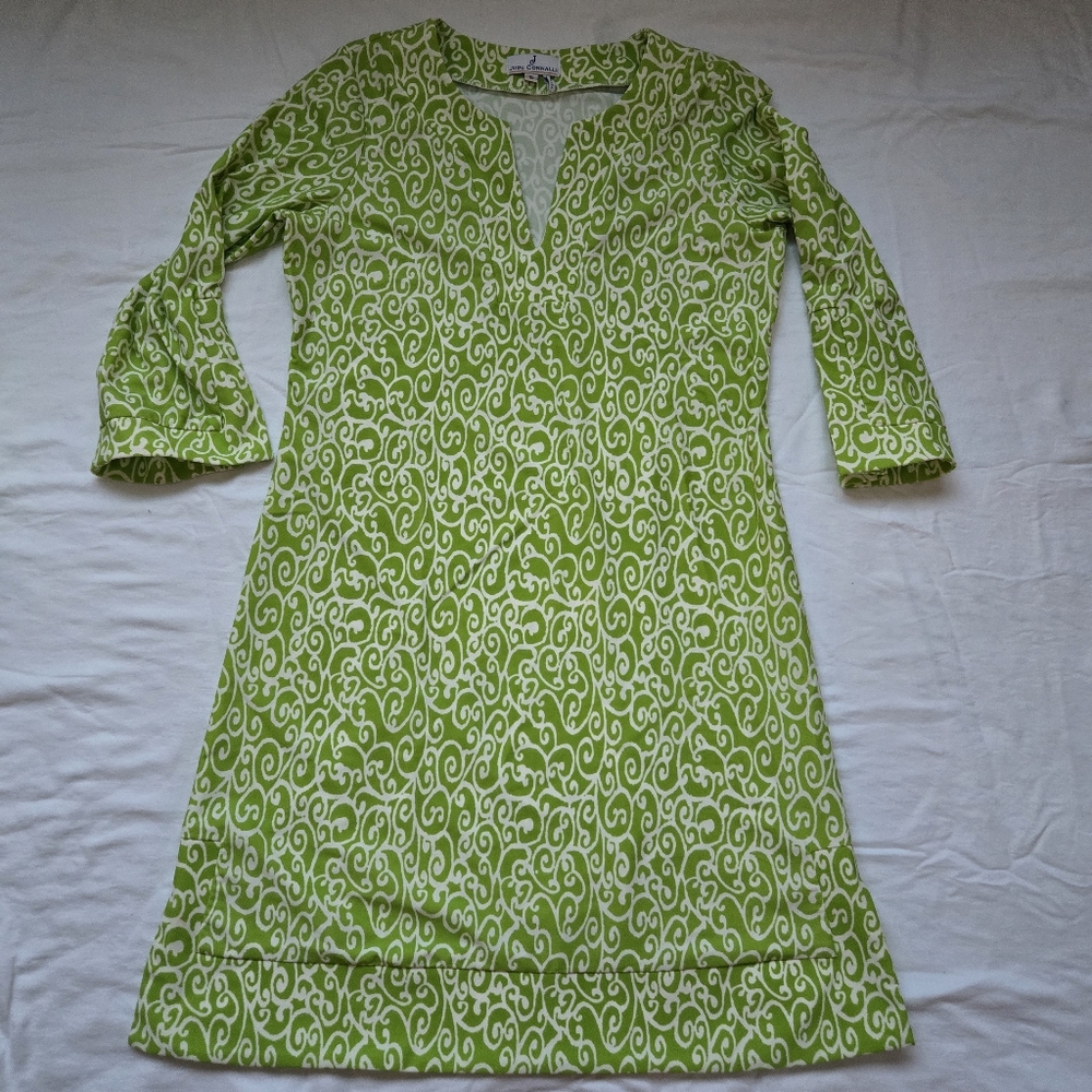 Jude Connally Green Swirl Pattern Split Neck Half Sleeve Shift Shift Dress
